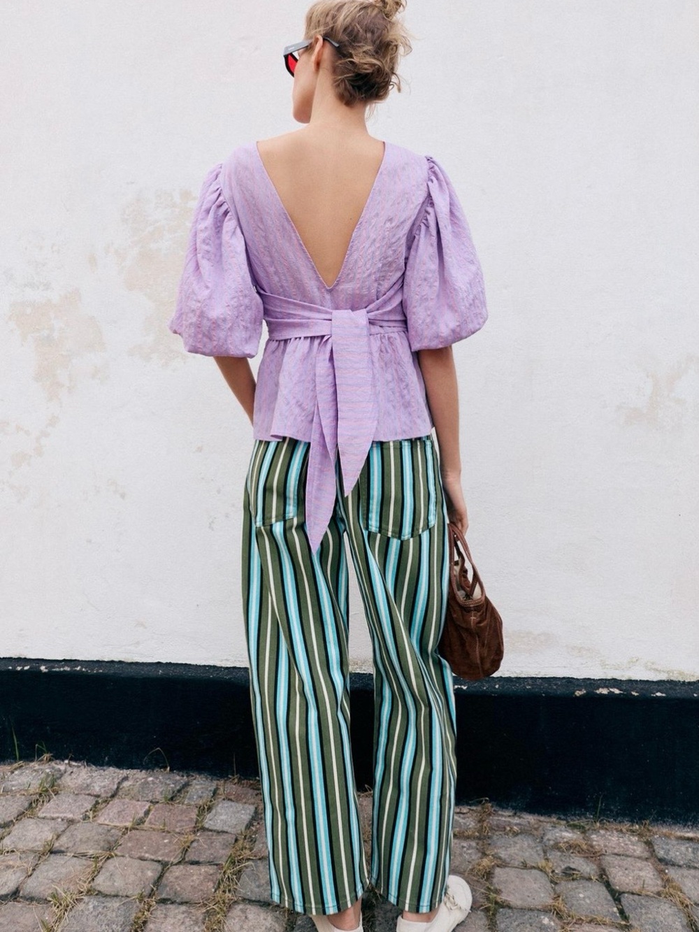 Zara Lilac Striped Puff-Sleeve Peplum Blouse - Picture 4 of 9